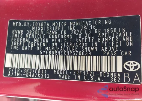 2017 Toyota Corolla Le из США, поврежденный, VIN 5YFBURHEXHP570039